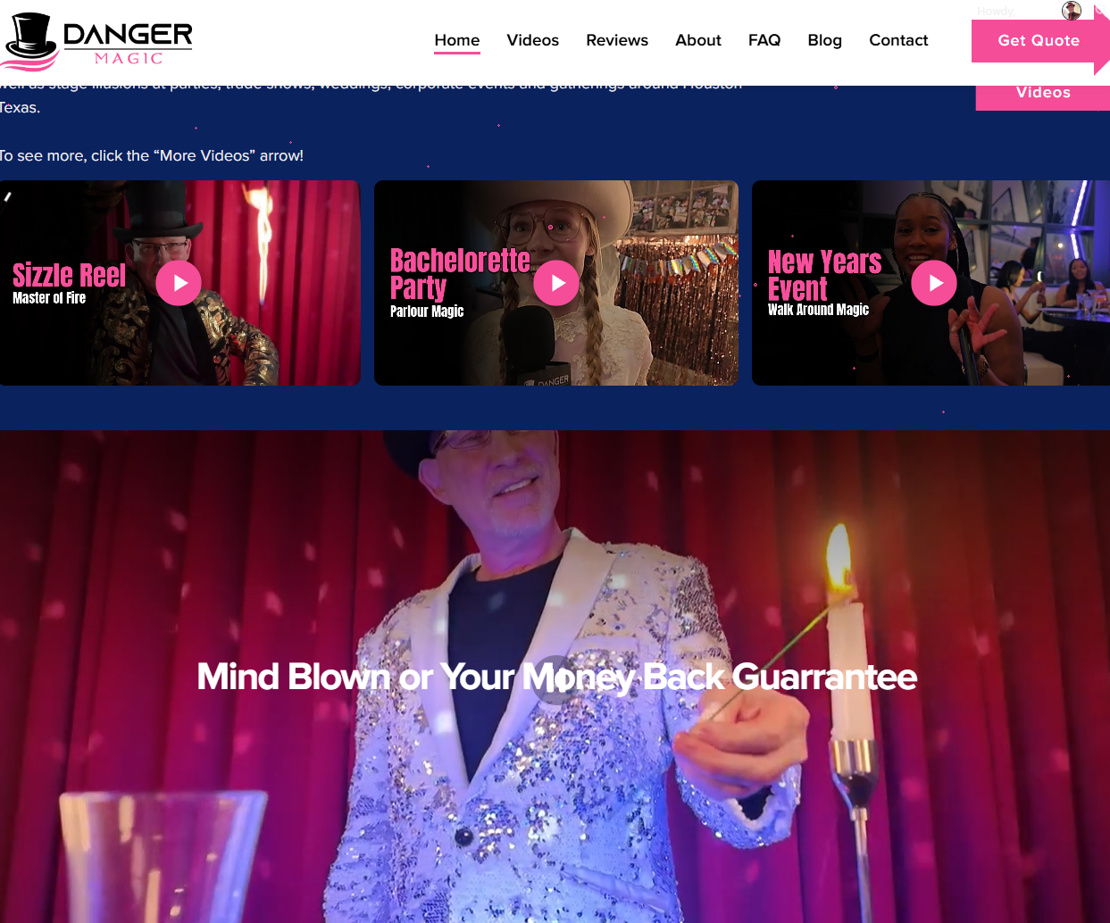 Danger Magic website preview with performance videos and Danger onstage