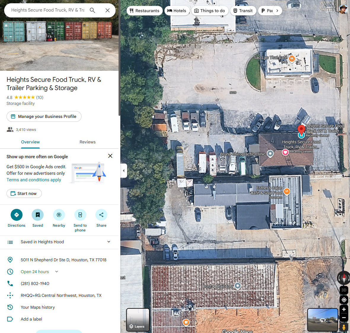 Heights Secure parking and storage location shown in Google Maps