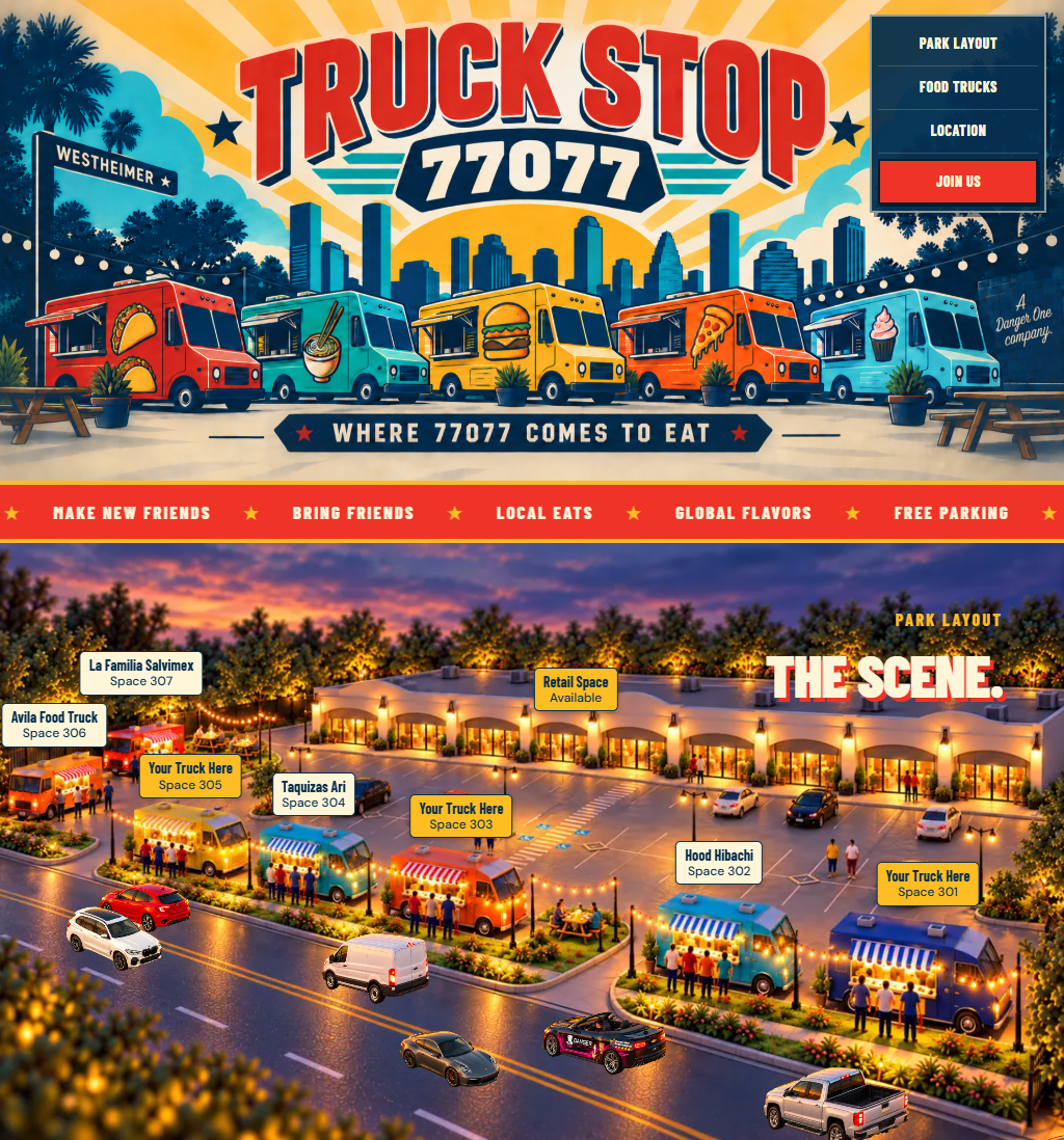 Truck Stop 77077 website preview showing its food trucks and park layout